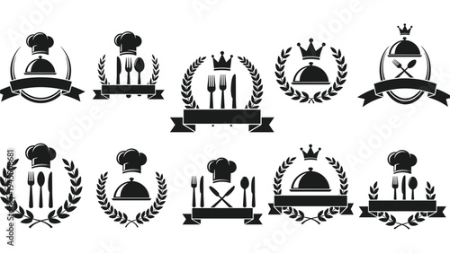 Culinary restaurant branding set featuring chef hats, kitchen utensils, cloches, and wreaths for hospitality business logos.