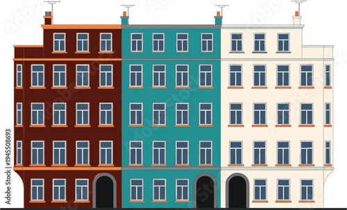 Vector illustration of colorful European urban apartment buildings featuring brown teal and cream facades with classic windows and chimneys isolated on white background for city flat design.