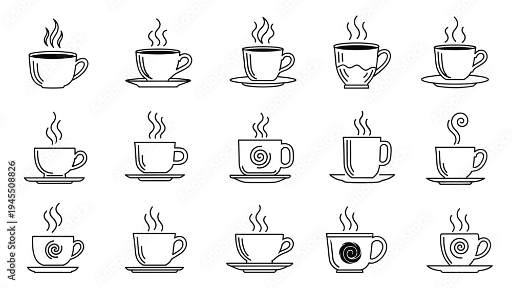 Obraz premium Simple outline icons of steaming hot beverage cups on saucers for coffee shop menus, tea room branding, and cafe drink symbols.