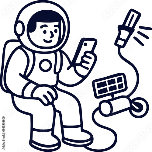 Modern Astronaut Using Smartphone and Solar Power Charging Station Line Art Illustration