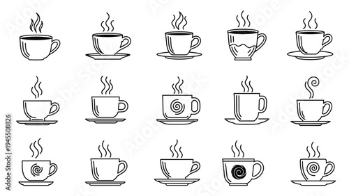 Simple outline icons of steaming hot beverage cups on saucers for coffee shop menus, tea room branding, and cafe drink symbols.