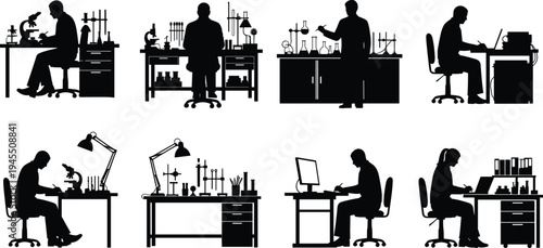 Laboratory scientist silhouettes collection featuring researchers working with microscope, chemistry equipment and computer, scientific research vector illustration set isolated on white background