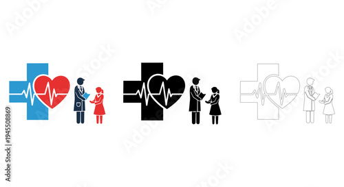 Healthcare cross symbol with doctor and child icons representing medical care and health