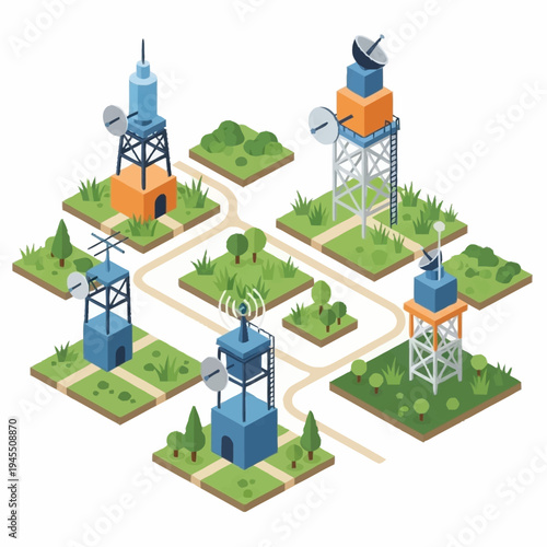 Isometric Network of Communication Towers and Antennas.