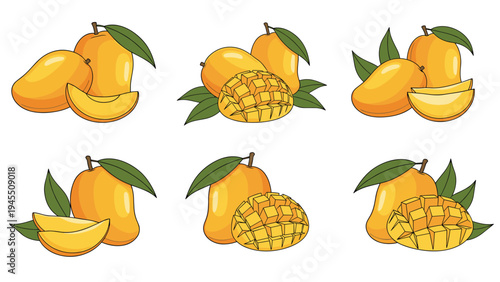 Sets of ripe yellow mangoes featuring whole fruit with green leaves and pieces with cross-hatched patterns on a white background.