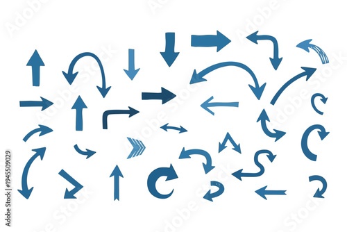 Collection of blue arrows in various directions and shapes