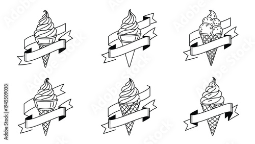 Black and white sketches of soft serve ice cream cones and scoops wrapped with blank decorative banners for menus and signage.