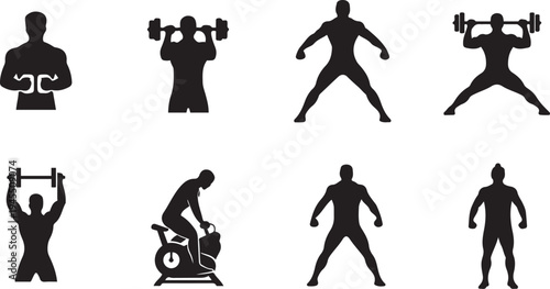 Fitness and Gym Workout Silhouettes Set, Men Bodybuilding Exercises, Weightlifting, Cycling, and Strength Training Vector Icons for Health, Wellness, Sport Infographics, and Logo Design Elements.