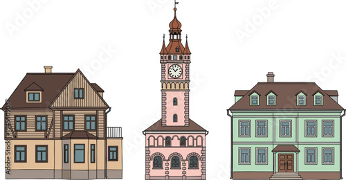 Hand drawn vector illustration set of traditional European historical buildings featuring a classic clock tower town hall and vintage suburban residential houses on white background.