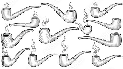 Detailed vintage style sketches of wooden tobacco pipes with rising smoke shown in many different shapes and orientations on white.