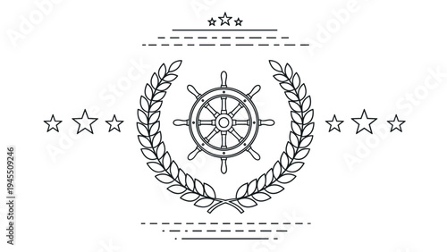 Minimalist nautical emblem featuring a ship steering wheel centered inside a laurel wreath with decorative stars and lines around it.