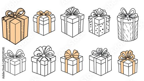 Variety of wrapped gift boxes decorated with ribbons and various patterns like dots and lines shown on a clean white background.