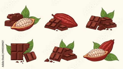 Illustrations of dark chocolate bars, cocoa pods, and fresh cocoa beans with green leaves shown in several delicious compositions.