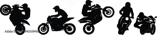 Motorcycle rider silhouettes collection featuring sport bike racing, wheelie stunts and speed riding actions, motorbike vector illustration set isolated on white background