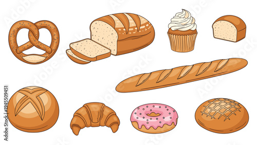 Assorted bakery items including a loaf of bread, sliced bread, a roll, a pretzel, a cupcake, a croissant, and a pink donut on white.