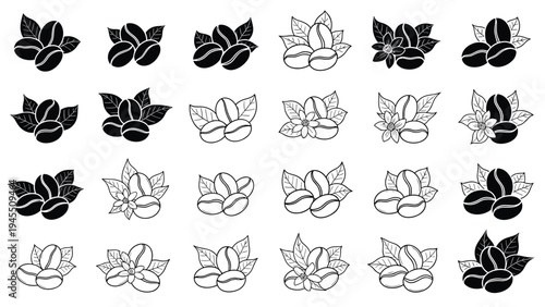 Patterned collection of coffee bean illustrations with small leaves shown in various styles including solid black and outline versions.