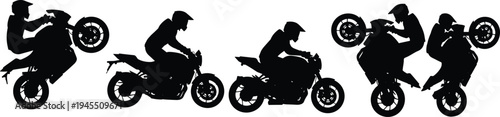 Motorcycle stunt rider silhouettes collection featuring sport bike wheelie tricks, racing and freestyle motorbike action poses vector illustration set isolated on white background