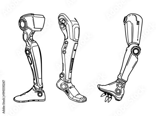 Bionic Leg set with futuristic mobility aesthetic featuring prosthetic, robotics, cyberpunk with fine line art and high tech design