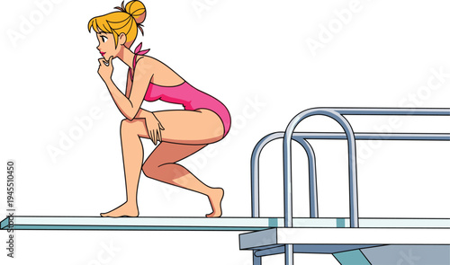 Thoughtful woman in pink swimsuit crouching on a diving board, comic style vector illustration