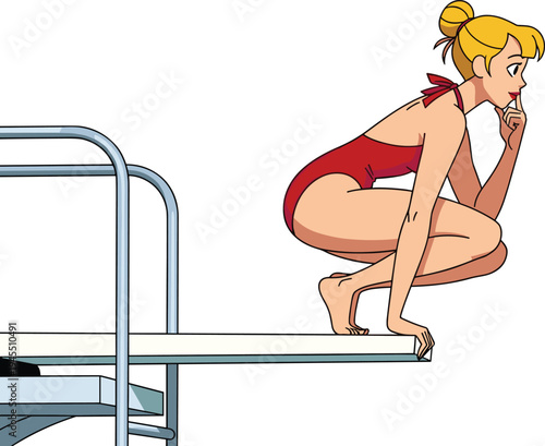 Thoughtful woman in red swimsuit crouching on a diving board, comic style vector illustration