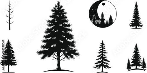 Pine tree and evergreen forest silhouettes collection featuring decorative nature trees and landscape icons, botanical vector illustration set isolated on white background