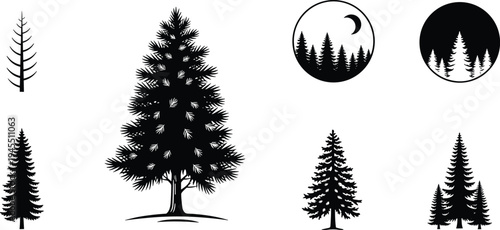 Pine tree silhouettes collection featuring evergreen forest trees and nature landscape icons, black vector illustration set isolated on white background