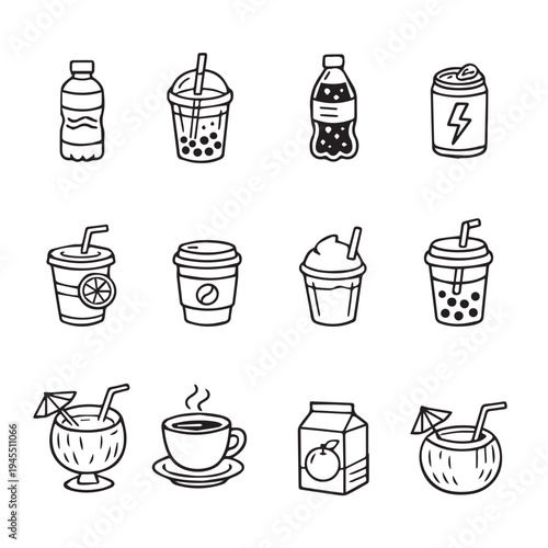 A collection of hand-drawn doodle icons depicting various hot and cold beverages, including coffee, tea, juice, and soda, served in different cups, glasses, and containers.
