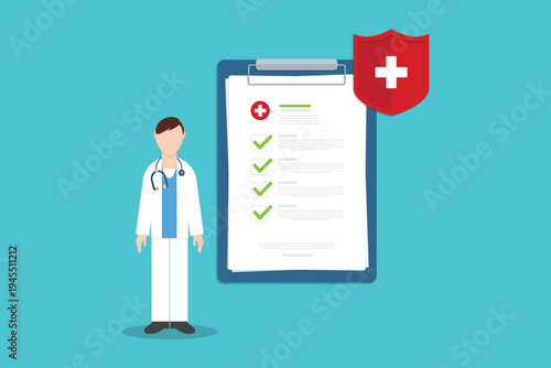 Health Insurance Medical Checklist with Doctor and Protection Shield – Healthcare Policy Coverage, Hospital Safety, Patient Medical Form Concept Flat Vector Illustration