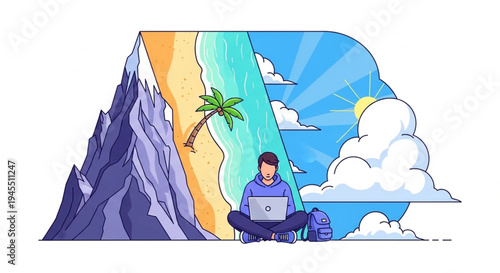 Embrace Remote Work Freedom A Person Working on Laptop in a Beautiful Natural Landscape, Symbolizing Digital Nomad Lifestyle and Serenity