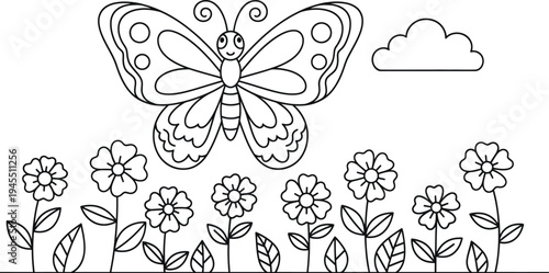 Colouring page for kids beautiful butterfly and flowers in a colour book