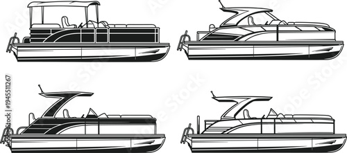 Pontoon boat side view vector set featuring modern leisure motorboats with canopy seating design, detailed marine line art illustration isolated on white background