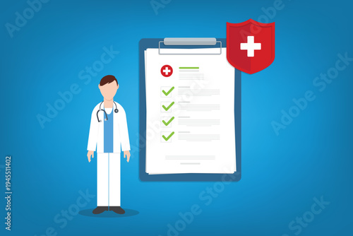 Health Insurance Medical Checklist with Doctor and Protection Shield – Healthcare Policy Coverage, Hospital Safety, Patient Medical Form Concept Flat Vector Illustration