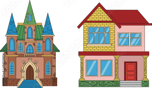 Vector illustration set of a majestic medieval gothic castle with turrets and a luxury two-story decorative residential house isolated on white for real estate design.