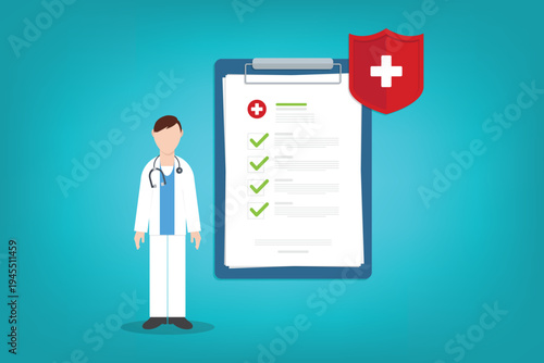 Health Insurance Medical Checklist with Doctor and Protection Shield – Healthcare Policy Coverage, Hospital Safety, Patient Medical Form Concept Flat Vector Illustration