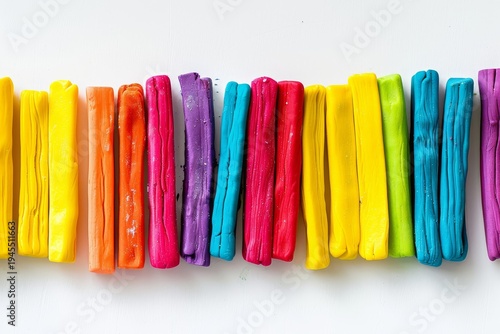 Bright colorful playdough sticks arranged in a row isolated on white background creative clay material concept