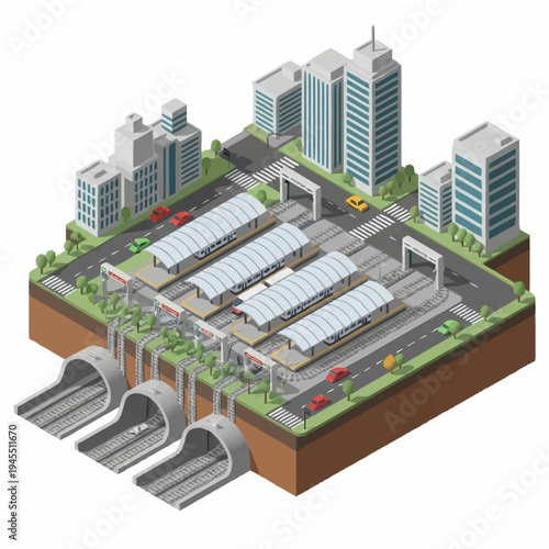 Isometric view of a modern city train station with underground tunnels.