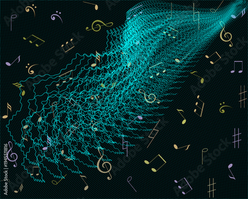 Abstract illustration of musical notes symbolizing broadcasting and sound transmission captured in a digital web network. Conceptual metaphor of internet censorship, media control, restricted broadcas