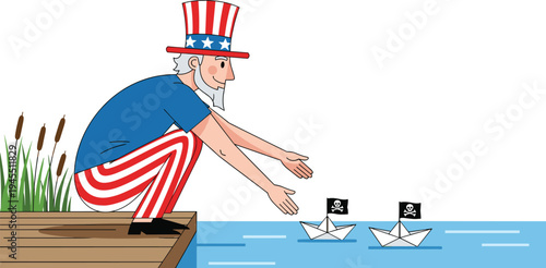 Uncle Sam Character Squatting on Wooden Dock Playing With Paper Pirate Ships in Water 