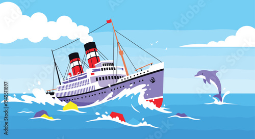 Vintage Cruise Ship Sailing Through Blue Ocean Waves With Jumping Dolphin and White Clouds Background Illustration,