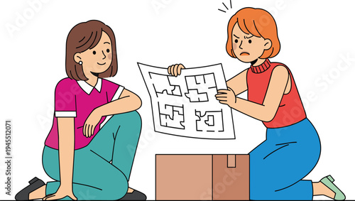 Two women looking at floor plan, frustrated girl holding blueprint, moving house concept illustration