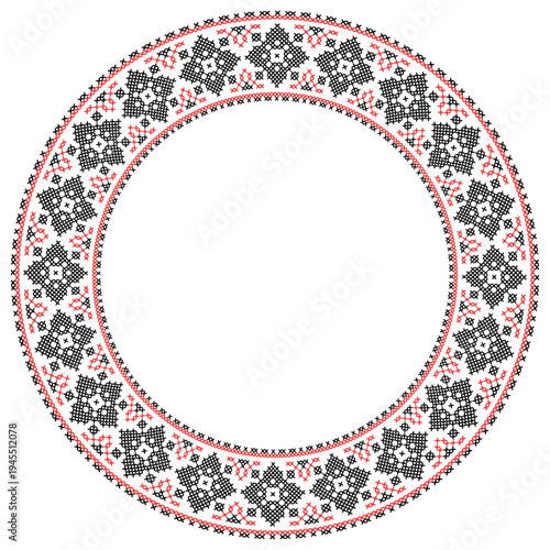Round  frame made of traditional Ukrainian embroidery pattern with black and red cross stitch ornament on white background. Folk ethnic design inspiblack by vyshyvanka, perfect for borders