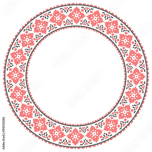 Round  frame made of traditional Ukrainian embroidery pattern with black and red cross stitch ornament on white background. Folk ethnic design inspiblack by vyshyvanka, perfect for borders