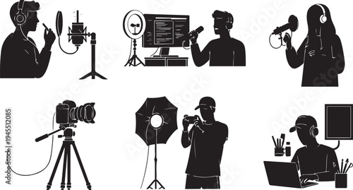 Professional Content Creator Silhouette Vector Set featuring Podcasting, Video Production, Professional Photography, Live Streaming, Digital Art Design, and Music Recording Studio Equipment Icons.