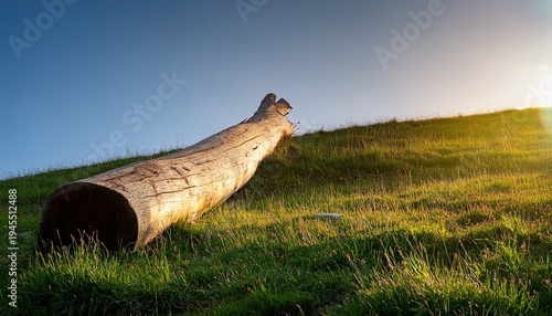 A Single Large Log Is Positioned On A Grassy Knoll Bathed In Soft Sunlight Highlighting Its Organic Form Rural Isolated Log