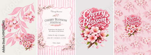 Cherry blossom vector poster set with sakura flowers, delicate pink petals and spring floral design. Elegant Japanese cherry blossom festival illustration for invitations, backgrounds and seasonal dec