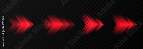 Set of glowing red arrows PNG. Dynamic glowing arrows showing speed and motion. Neon arrows PNG.