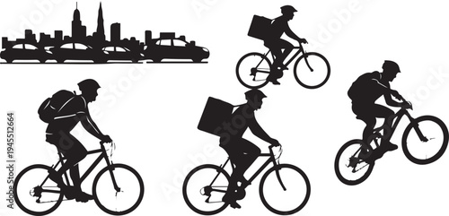 Set of Bicycle Rider Silhouettes: Professional Food Delivery Courier with Backpack, Urban Commuter Cycling in City Traffic, Mountain Biker on Hill, and Healthy Lifestyle Exercise Vector Illustrations.