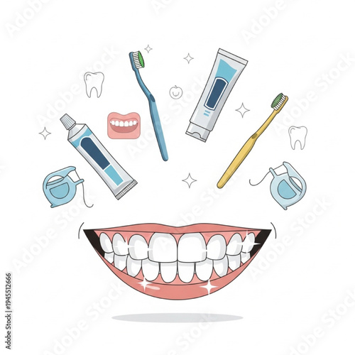 Healthy Smile Vector Illustration, Sparkling Teeth with Toothbrush, Toothpaste and Dental Care Icons, Minimalist Flat Design