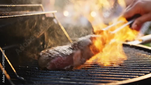 grilling steak on outdoor barbecue grill.