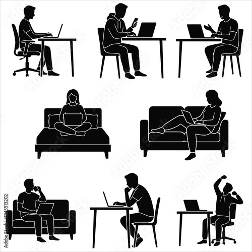 Modern Remote Work Concept Illustration: Person Working at Home Office with Laptop, Desk, and Cozy Interior Background